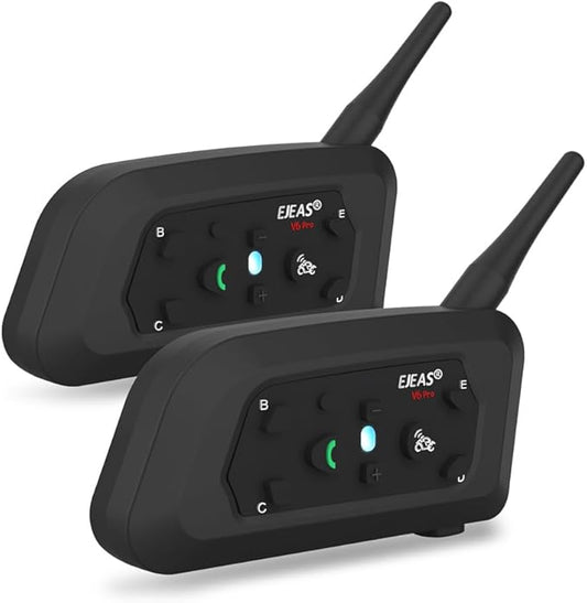 EJEAS V6 Pro Bluetooth Mesh Communication Systems Headset with 1200m Waterproof/Noise Reduction/Hands-Free Calls/Music & GPS, Motorbike/ATV/Dirt Bike/Skiing/Motorcycle Helmet Intercom(2 Pack)