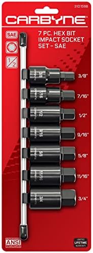 CARBYNE 7 Piece SAE Hex Bit Impact Socket Set (3/8” to 3/4”) AND 7 Piece Metric Hex Bit Impact Socket Set (9mm to 15mm). S2 Steel Bits | 1/2" Drive.