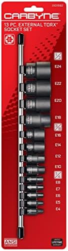CARBYNE 13 Piece External Torx (eTorx) Socket Set (E4 to E24) AND 9 Piece External Torx Plus (eTorx Plus, aka 6 Lobe) Socket Set (E6 to E18). Chrome Vanadium Steel, 1/4-inch, 3/8-inch & 1/2-inch Dr.