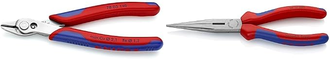 KNIPEX Electronics Super Knips XL (5.5-Inch), Blue and KNIPEX Long Nose Pliers With Cutter (2612200), Multi-Colour, 8 inches Bundle