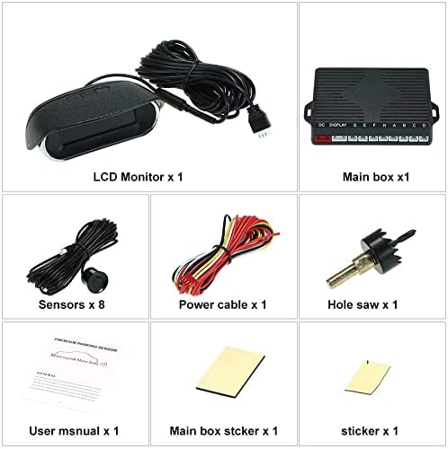 Reversing Radar, Dual-core Front and Rear LCD Display Car Vehicle Reverse Backup Radar System with Parking Sensors.(8 Sensors, Black)