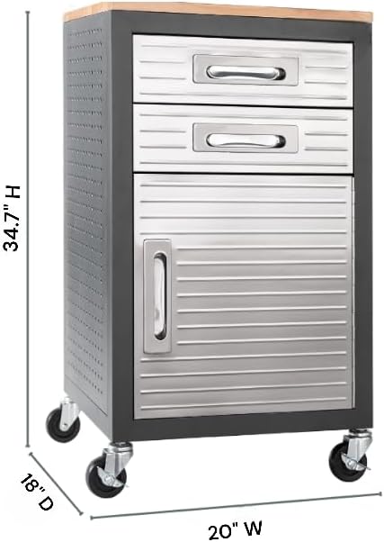 Heavy Duty Rolling Storage Cabinet with Wheels and Drawers, Workstation for Garage, Office, Workshop, 1 Door, 2 Drawer (20" W x 18" D x 34.7" H), Graphite