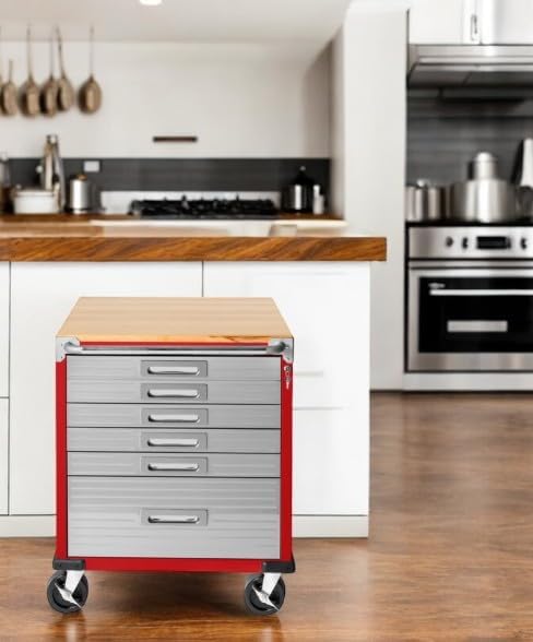 Heavy Duty Rolling Storage Cabinet with Wheels and Drawers, Workstation for Garage, Office, Workshop, 6 Drawer (28" W x 25" D x 34.5" H), Red
