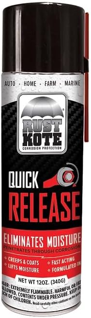 RustKote Quick Release Aerosol 12oz, Penetrating Oil. Corrosion Inhibitor. Loosens Rusted and Stuck mechanisms, loosens Rust/Metal Corrosion and Helps Release Stuck, Frozen, Rusted Metal Parts.