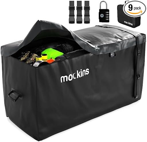 Mockins 25 CuFt XL Heavy Duty Trailer Hitch Cargo Carrier Bag | 60"x24"x31" All-Weather Cargo Bag for Hitch Carrier | Waterproof Truck Bed Storage | Vehicle Soft-Shell Carriers w/Straps, Lock, & Case