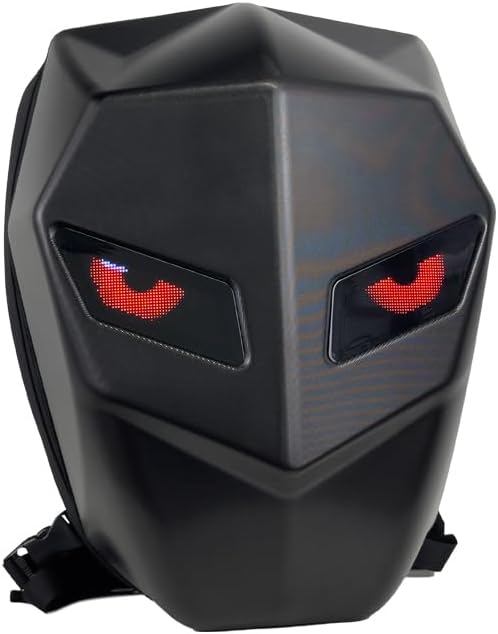 Motorcycle Backpack with LED Eyes, Waterproof Hard Shell Laptop Bag for Riding, Cycling, Travel, Black