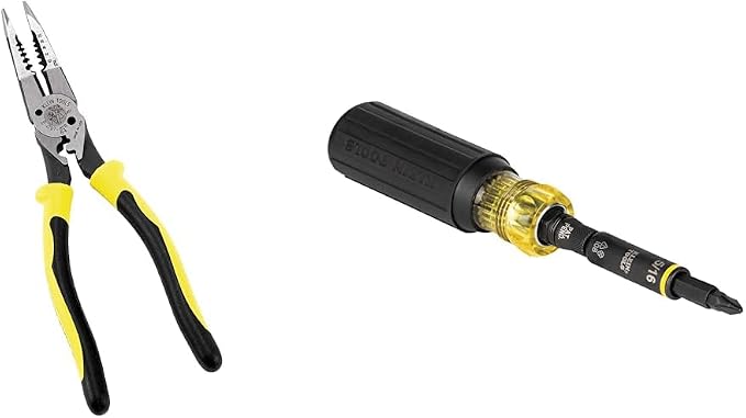 Klein Tools J207-8CR Needle Nose Pliers are All-Purpose Linesman Pliers for Crimping & 32500HD Multi-Bit Screwdriver/Nut Driver, Impact Rated 11-in-1 Tool with Phillips, Slotted