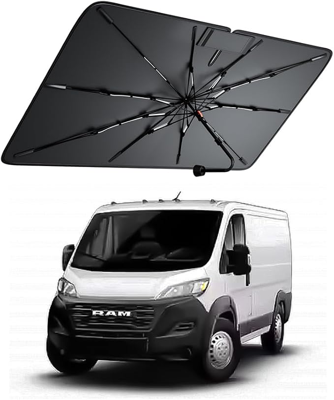 Windshield Sun Shade for Ram ProMaster 1500 2014–2026, Foldable Umbrella Sunshade with 100% UV Block, Multi-Layer Heat Insulation, Reinforced 10-Rib Frame, Keeps Car Cooler