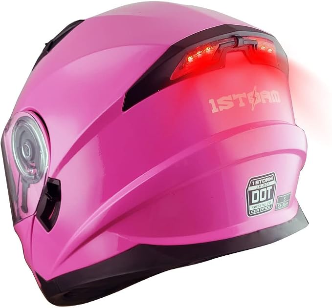 1Storm New Motorcycle Bike Modular Full Face Helmet Dual Visor Sun Shield with Rechargeable LED Tail Light: Glossy Pink