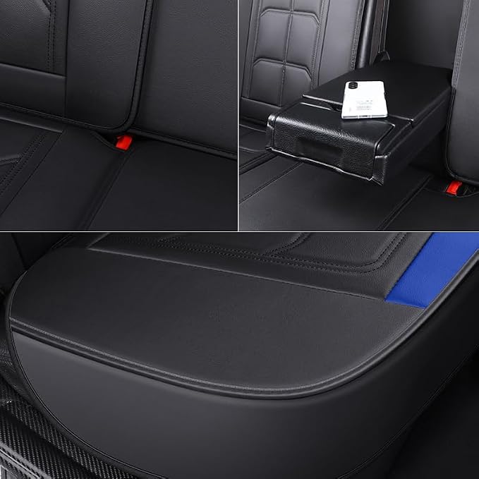 BGYFDU03 Seat Cover 5-Seater Full Set, Universal Type, Suitable for Most Cars Pickup Ttrucks Airbags Compatible with Synthetic Leather Car Seat Cushion Protectors (Black-Bule)