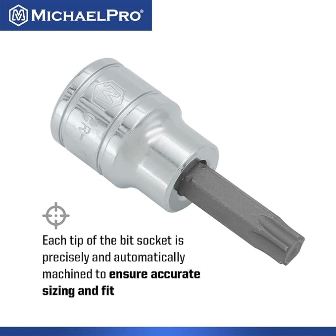 MichaelPro 16-Piece Torx Bit Socket Set with Rail, 1/4'', 3/8'' and 1/2'' Drives, T8 - T70, High Torque Resistant S2 Steel, Socket Adapters and Rail Organizer Included - MP012022