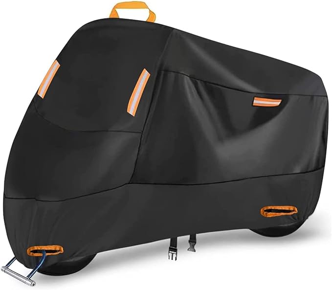300D Heavy Duty Motorcycle Cover, SECELES All Season Durable Waterproof Outdoor Protection Scooter Cover 4 Reflective Tape Lock-Holes fits up to 86" Yamaha Honda Suzuki (XXL: 86" x 37" x 50")