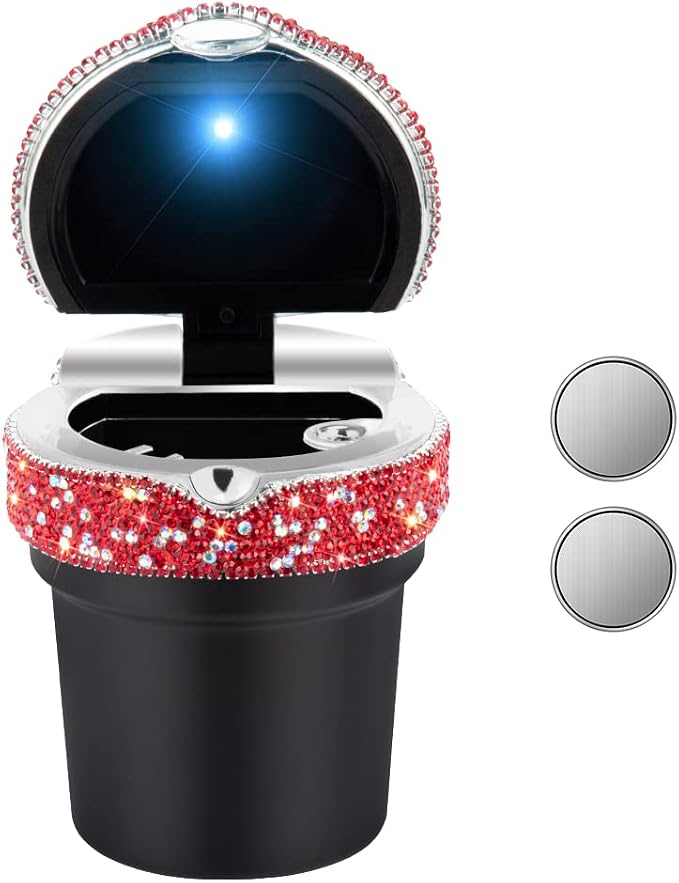 eing Car Ashtray Portable Bling Cigarette Smokeless Cylinder Cup Holder with Blue LED Light Indicator and 2 Replacement Batteries,Car Accessories for Women,Ideal for Car,Home and Office,1-Pack Red