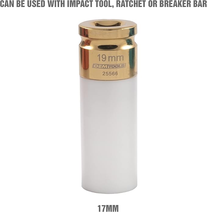 OEMTOOLS 25566 19MM Lug Nut Socket, 1/2" Drive 19mm Socket for Wheel Service, Non-Marring Sleeve, Thin Wall, CR-MO Steel for Impact Tools, 400 Ft-Lb Max Torque