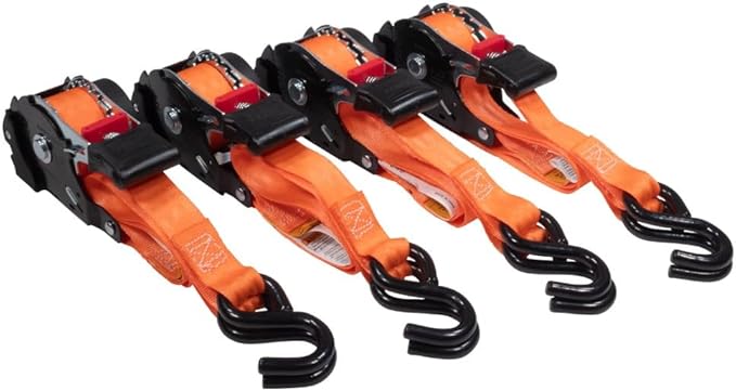 Mytee Products 4 Pack Orange Auto Retract NO-RATCHETING Ratchet Straps | 1" x 12' Retractable Ratchet Straps with Zinc Coated S Hook Tiedowns for Motorcycles, ATVs, Bikes, Trailer Tie-Down