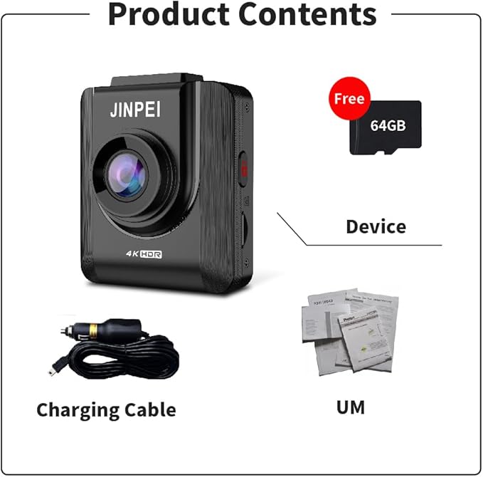 4K Front Dash Cam 64GB Included, Car Dashboard Camera Recorder with UHD 2160P, 2" IPS Screen, 150° Wide Angle, HDR, Night Vision,JD-19B-4K