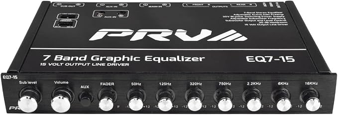 PRV AUDIO EQ7-15 7 Band Graphic Equalizer 15 Volt RCA Line-Level Output with Fader and Subwoofer Level Control for Car Audio