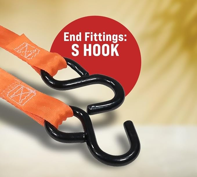 Mytee Products 4 Pack Orange Auto Retract NO-RATCHETING Ratchet Straps | 1" x 12' Retractable Ratchet Straps with Zinc Coated S Hook Tiedowns for Motorcycles, ATVs, Bikes, Trailer Tie-Down