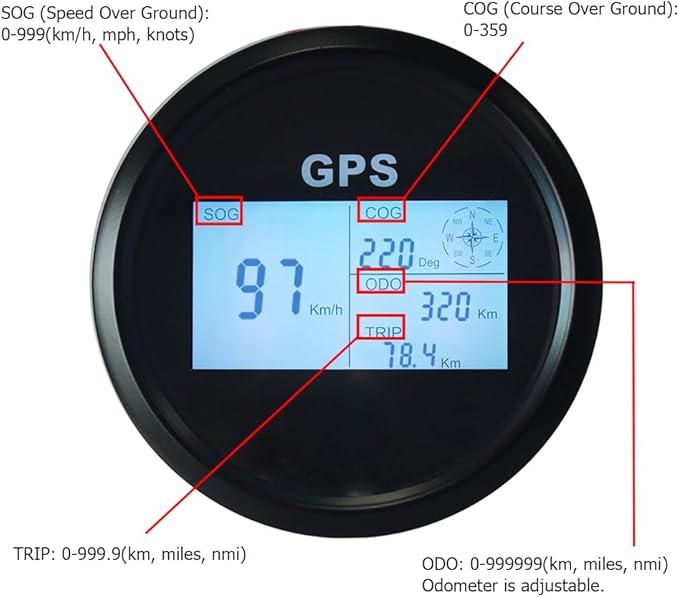 85mm 3-3/8" Digital Speedometer GPS Odometer COG Trip with 7 Backlights 12VDC 24V for Motorbike Boat Truck Racing Car (Black&Black)
