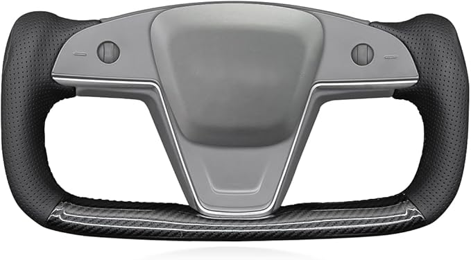 MEWANT Hand Stitch Shiny PU Carbon Fiber Black Perforated PU Leather Steering Wheel Wrap for Tesla Model S Yoke Model X