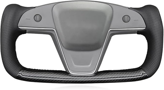 MEWANT Hand Stitch Shiny PU Carbon Fiber Black Perforated PU Leather Steering Wheel Wrap for Tesla Model S Yoke Model X