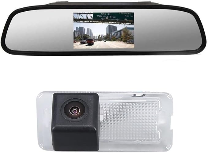 Vehicle License Plate Backup Camera,Night Vision Car Rear View Reverse Camera+4.3" LCD Mirror Replacement for Fiat Abrath 500 595 695 500C 595C 695C Rockstar Cabrio Convertible E-Sport (No.7301)