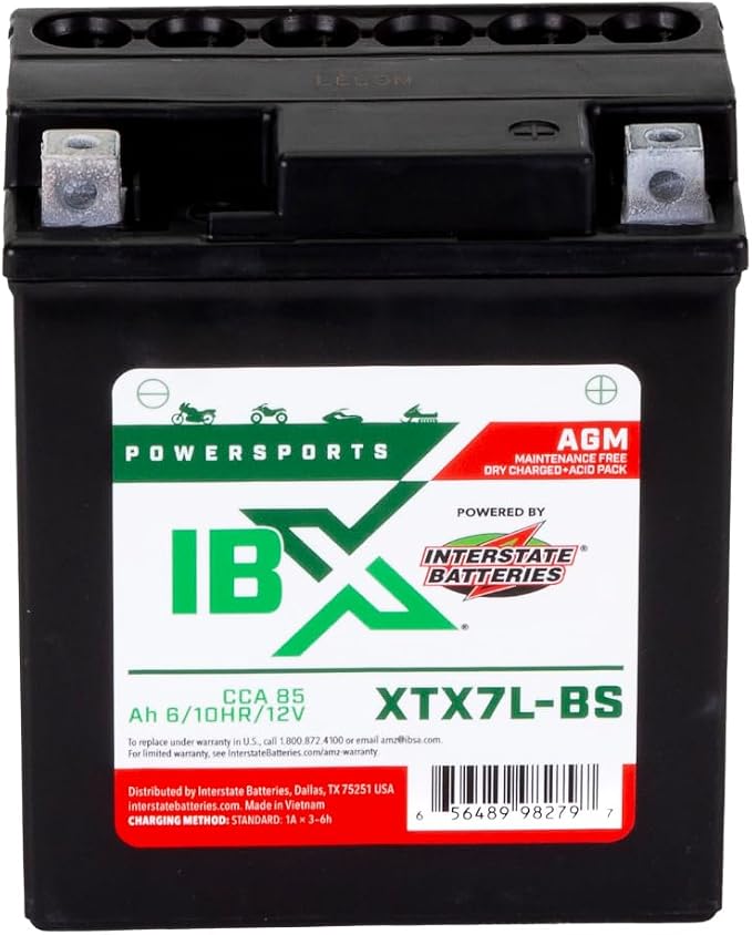 Interstate Batteries YTX7L-BS 12V 6Ah Powersports Battery 85CCA AGM Rechargeable Replacement for Honda, Suzuki, Piaggio Motorcycles, ATVs, Scooters, Snowmobiles (XTX7L-BS)