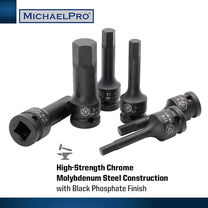 MichaelPro MP005028 8Pc 1/2” Drive Hex Bit Socket Set, 1/4" to 3/4”, Impact SAE Socket, CR-Mo | Sturdy Storage Case Included