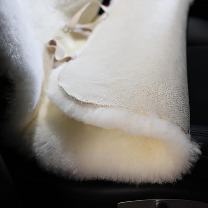 IRIWOOL Fluffy Fur Sheepskin Car Seat Cover Automotive Interior Accessories Seat Covers Accessories Seat Cushions， Soft Natural Pure Wool ，Universal Fits Most Cars SUVs (Ivory White, Universal Fit)