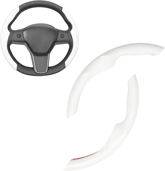 Mewant Custom-Fit Steering Wheel Cover for Tesla, Telsa Model 3 / Y Carbon Fiber Segmented Steering Wheel Cover for Men/Women, Anti-Slip, Comfortable, Model 3 / Y Accessories (White)