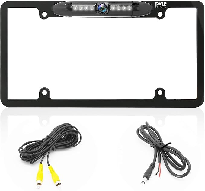 License Plate Frame Backup Camera - Built-in Distance Scale Lines Backup Parking Reverse Assist Marine Grade Waterproof IP-67 Adjustable Slim Bar Cam Night Vision w/ 420 TVL Resolution - Pyle PLCM29MS