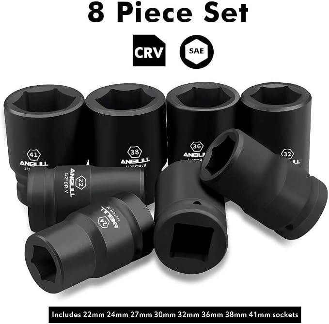 Anbull 1" Drive Jumbo Impact Socket Set, 9 Pieces Universal Hex Deep Socket Set with Heavy Duty Storage Case, Metric and Standard Sizes (22,24,27,30,32,36,38,41mm), Cr-V Steel