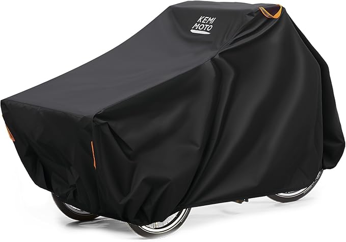 KEMIMOTO Bike Cover Outdoor, 420D Heavy Duty Trike Covers Larger Cargo Bicycle Rain Covers Storage Waterproof UV Protection Windproof Folding, Ebike Tarp for Adult Tricycles, Cargo 3 Wheel Bikes