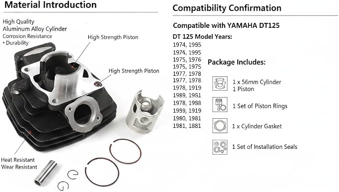 Top End Rebuild Kit Cylinder Piston 56mm Bore for Yamaha DT125 1974-1981, Engine Rebuild Kit with Gaskets Rings - Replacement for DT125A DT125B DT125C 1974-1981