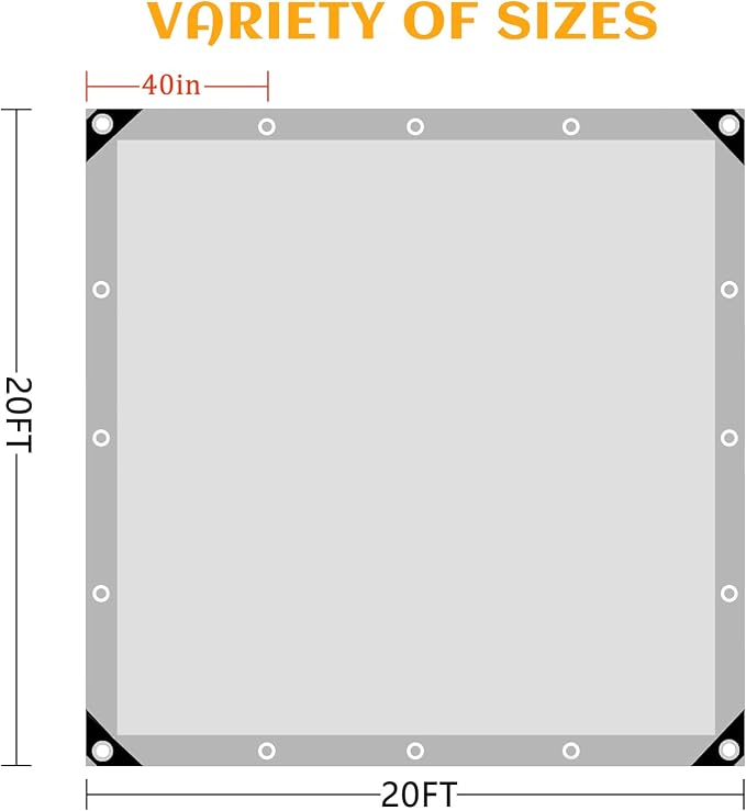 20x20 FT Tarps Heavy Duty Waterproof, 12 Mil Large Tarps with Grommets and Reinforced Edges, UV Resistant, Tear&Fade Resistant, Heavy Duty Covers for Outdoors Camping Roof Pool, Sliver