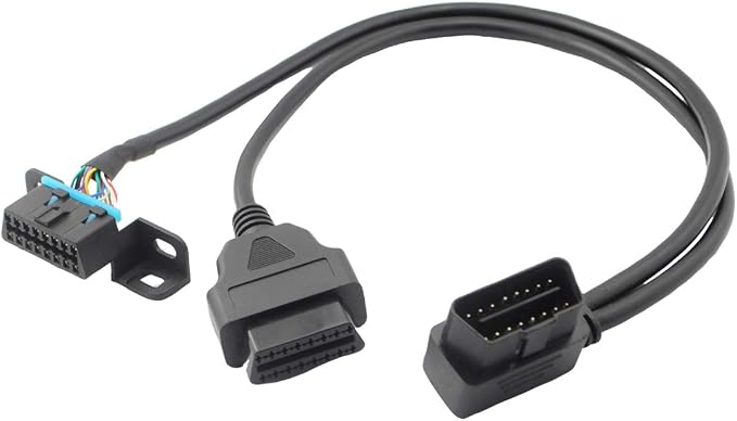 iKKEGOL Pack of 2 Right Angle Universal OBD2 OBD II 16 Pin Splitter Y Open Cable, J1962 1 Male to 2 Female Connector with Underdash Mount Bracket 50cm/20