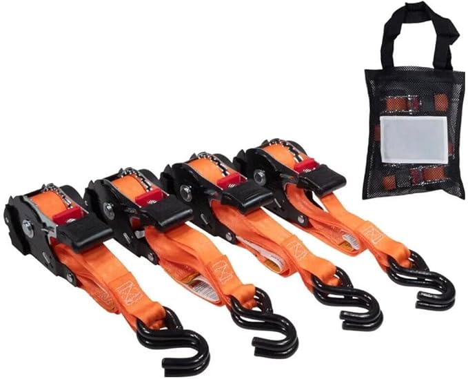 Mytee Products 8 Pack Orange Auto Retract NO-RATCHETING Ratchet Straps | 1" x 12' Retractable Ratchet Straps with Zinc Coated S Hook Tiedowns for Motorcycles, ATVs, Bikes, Trailer Tie-Down