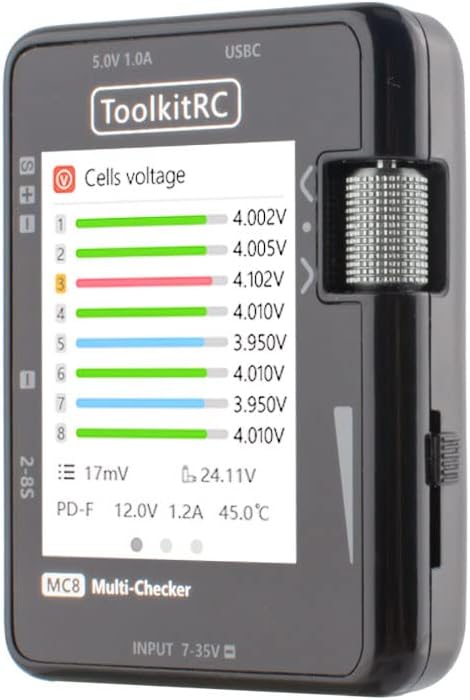 ToolkitRC MC8 Mini Size Cell Checker 32 Bit Battery Multi-Checker PWM Output PPM SBUS Readout for lipos ESC Servo Tester Tool Multi Tool with USB-C Fast Charging