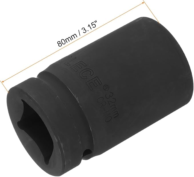 uxcell 1" Drive 32mm 12-Point Impact Socket, CR-MO Steel 80mm Length, Standard Metric Sizes