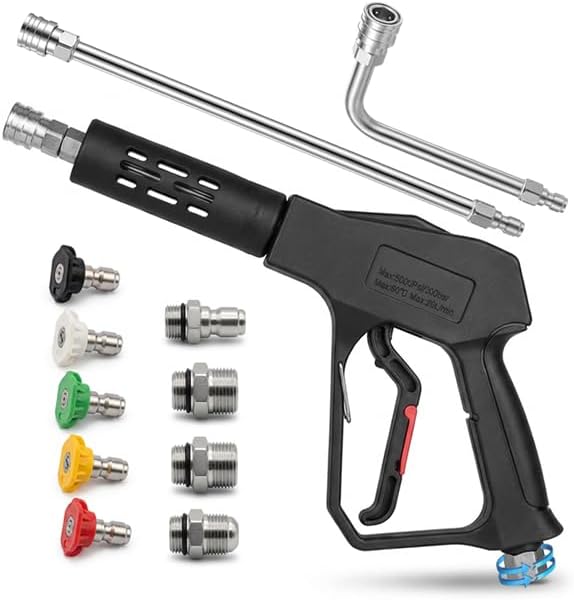 Swivel Pressure Washer Short Gun,Sturdy 5000PSI Power Washer Handle with Replacement Extand Wand Carwash Water Spray Washing Gun and 3/8 Plug & M22-14mm & M22-15mm and 1/4 Adapter 5 nozzles