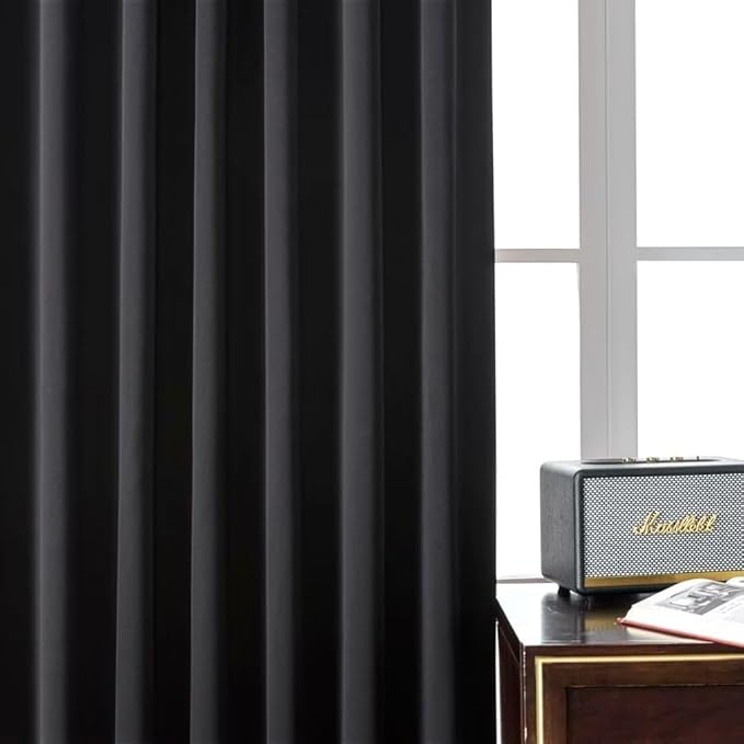 Joydeco 90 Inch Blackout Curtains for Bedroom,Thermal Insulated Black Out Curtains 2 Panels Set, Room Darkening Drapes for Living Room Window Rod Pocket Back Tab (W37 x L90 Inch, Black)