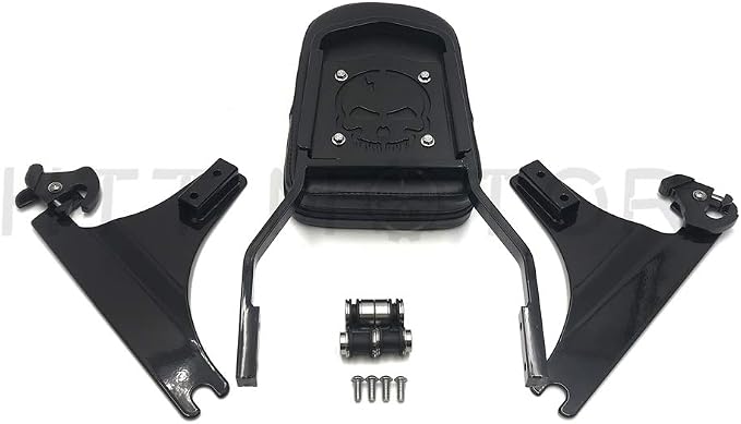 MT501-006+SS001-SA- Gloss Black Detachable Backrest Sissy Bar Skull Compatible with Harley 05-later FLST FLSTSC