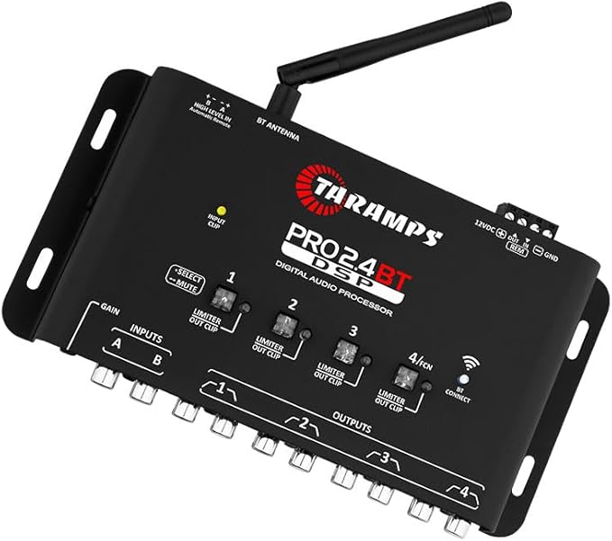 Taramps Pro 2.4 BT Bluetooth DSP Crossover Full, Digital Signal Processor, Car Audio Equalizer with App, Gain up to 9V, 15 Band Graphic Equalization, 12 preset EQ, 2 in and 4 Out, High Level Input