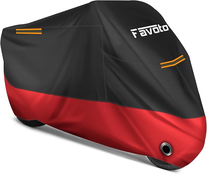 Favoto Motorcycle Cover Waterproof Outdoor - All Season Weather Dust Sun Rain Protection Night Reflective with Lock-Holes Storage Bag Fits up to 96.5" Motorcycles Tarp Dirtbike Cover