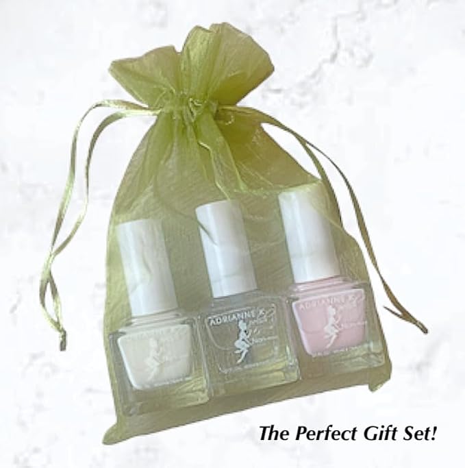 ADRIANNE K Sheer Nail Polish and Topcoat Trio Gift Set. Fast Drying and Easy to Use. Nontoxic. Milky White, Pearly Pink and Clear Shiny Protectant Top Coat