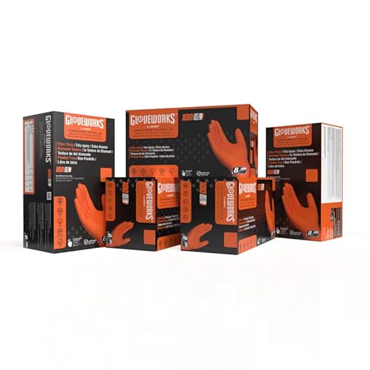 GLOVEWORKS 8 Mil Orange Nitrile Disposable Gloves Heavy Duty Industrial RDT for Mechanic and Automotive, XXL 5 Boxes of 100
