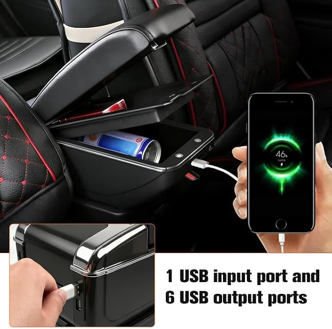 Armrest Box Compatible with Kia Rio 2012 2013 2014 2015 2016, Double Layer Black Leathe Center Console Organizer with 7 USB Ports, Adjustable Armrest Pad, Cup Holder,Ashtray(Black Thread)