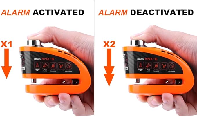 Kovix KNX6 Steel 120dB Siren Disc Brake Lock 6mm Lock Pin IP67 Waterproof Motorcycle Security Fluorescent Orange