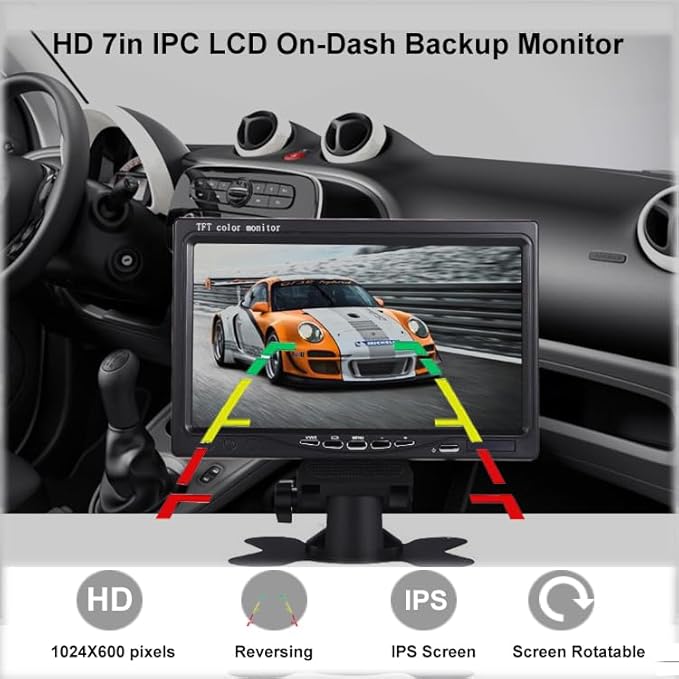 HD 7 Inch IPS Color LCD Screen Backup Camera Monitor, TFT Display, V1/V2 Two Video, for Rear View Reverse Cameras, DVD for Car/Truck/Bus/Van All 12 to 24V Vehicles, 1024x600 Pixels