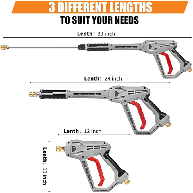 Pressure Washer Gun with Extension Wand Replacement 5000 PSI High Power Washer Gun 39 Inch Adjustable Length with M22 14mm or M22 15mm Fitting 5 Nozzle Tips with Nozzle Holder (Grey)